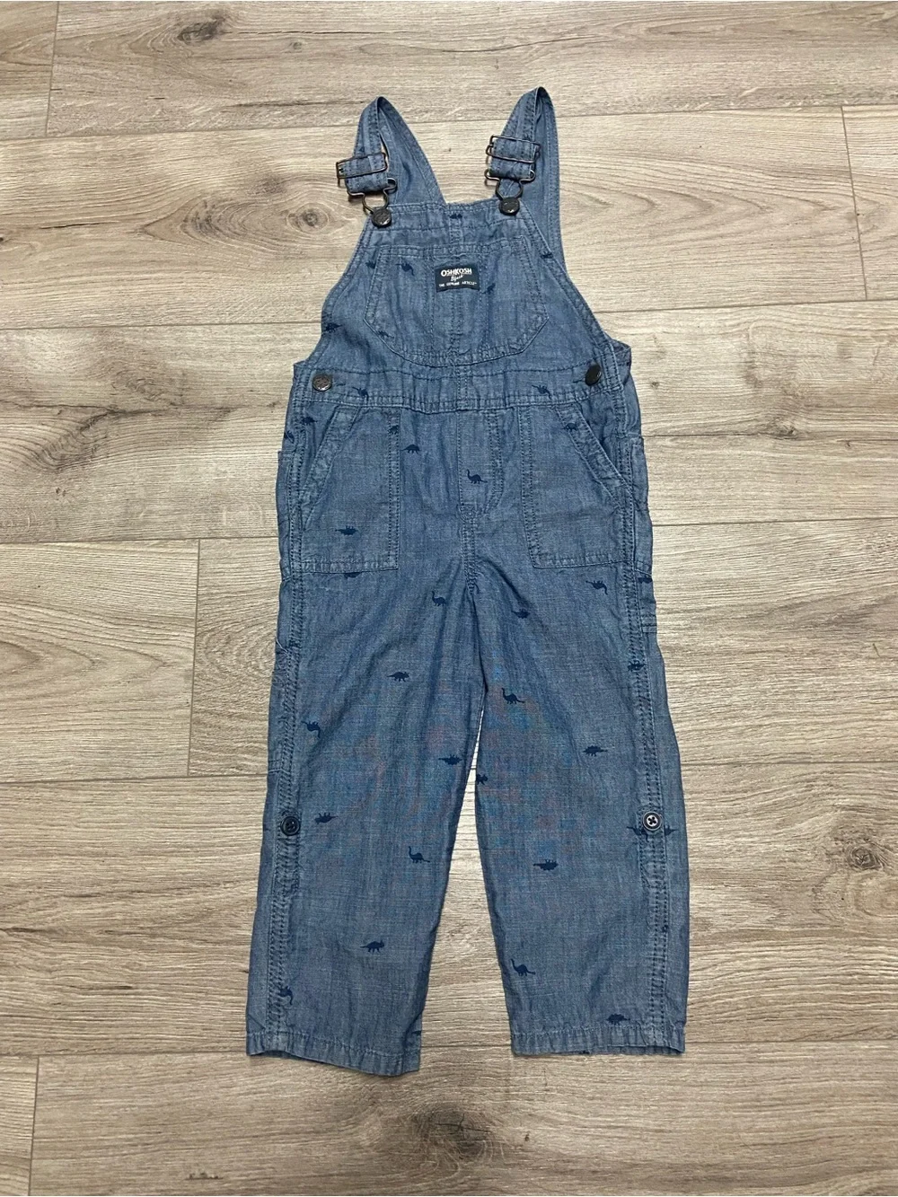 Oshkosh B’gosh Dinosaur Print Chambray Overalls 3T Blue Cotton
